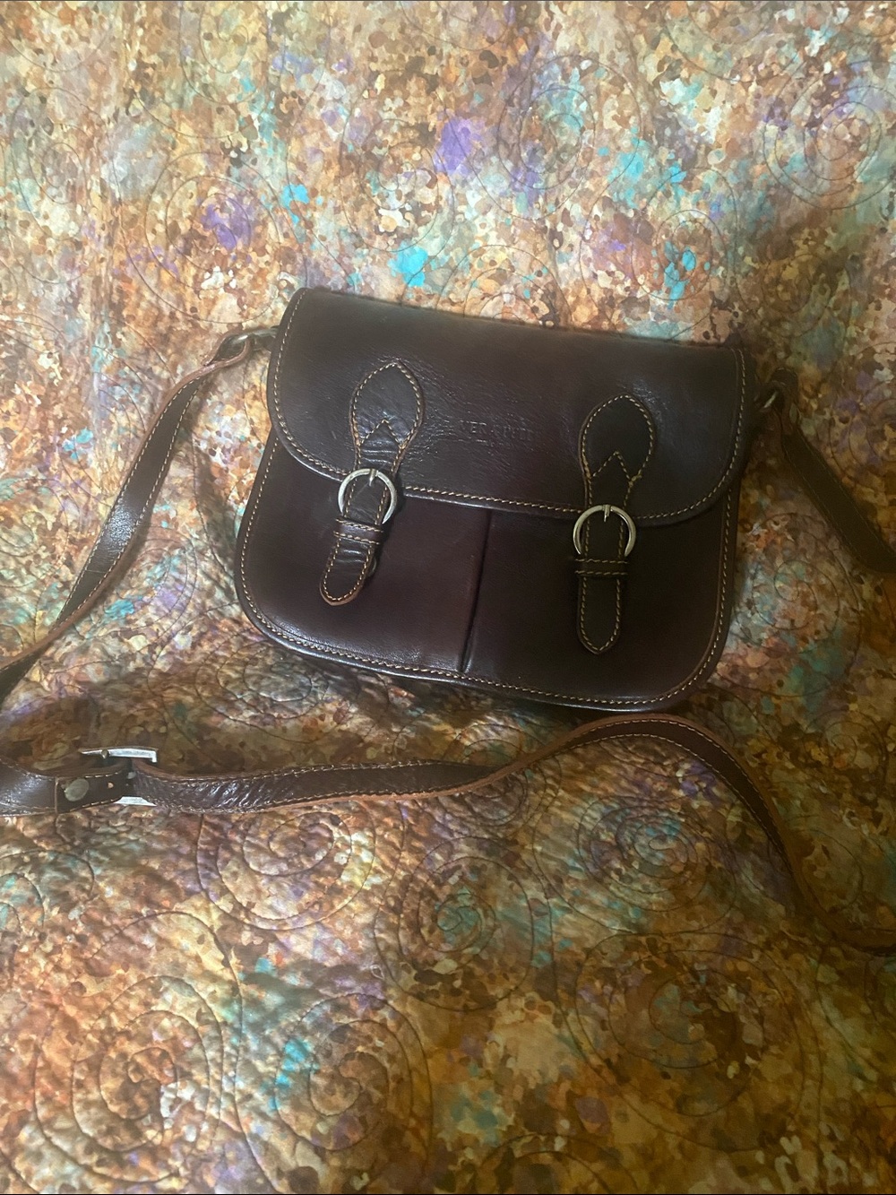 Vera Pelle Brown Leather Crossbody Satchel with Double Buckles